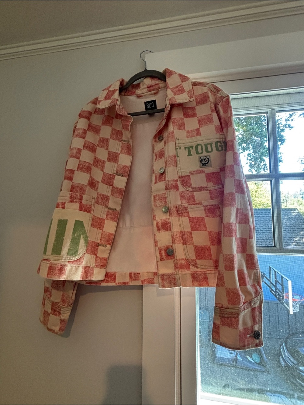 Urban Outfitters Red Checkerboard Jean Jacket with Green Accents